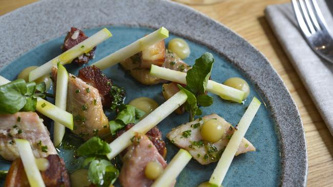 Gippsland smoked eel with apple and bacon is one of the ever-changing small plates