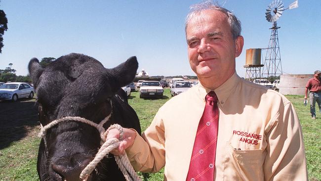 Rossander principal Andrew Anderson with Rossander Angus bull Rossander Zulu U12 in 2001.