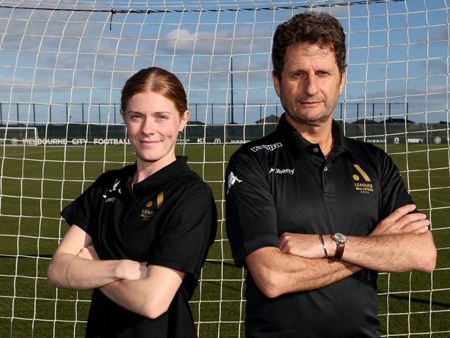 MELBOURNE, AUSTRALIA - MAY 18: All Stars Head Coach Joe Montemurro and All Stars player Cortnee Vine pose for a photo during an A-League All Stars Women Open Training Session at Casey Fields on May 18, 2024 in Melbourne, Australia. (Photo by Jonathan DiMaggio/Getty Images for APL)