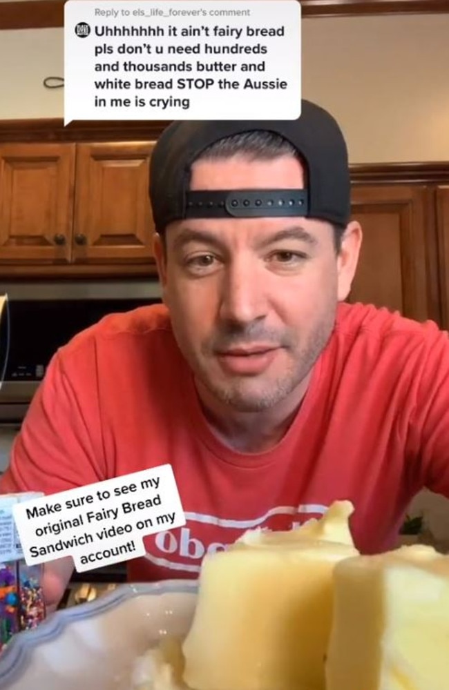 All it took was one harmless video on how to make fairy bread for US TikTok user Beau Coffron aka @lunchboxdad to offend Aussies and Kiwis. Picture: TikTok/Lunchboxdad