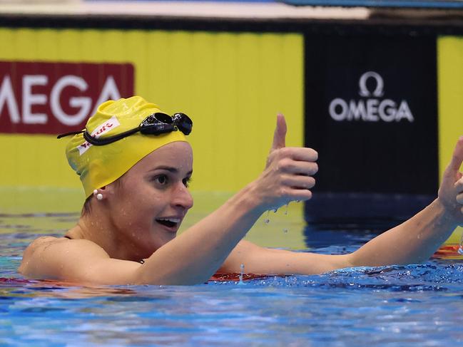 Kaylee McKeown enjoys her win in the 200m backstroke final. Picture: Sarah Stier/Getty Images.