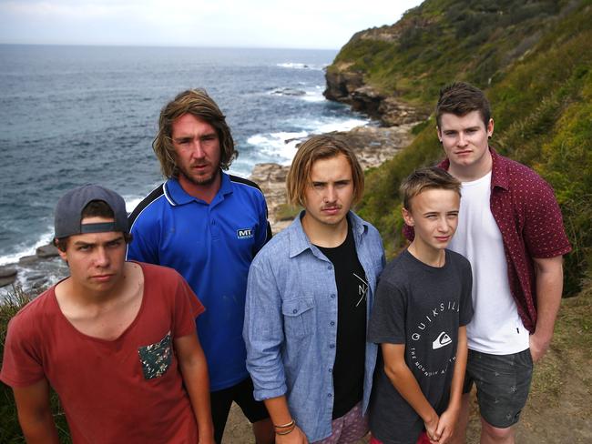 Blake’s mates Michael Byron, Matt Marlin, Blake Morgan, Kai Morgan and Jonathon Aukett.Blake Morgan, who scrambled down the rocks to help save him after he fell. PIcture: Bradley Hunter