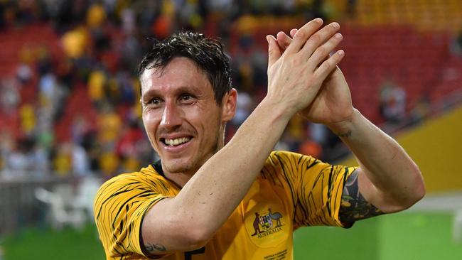 Mark Milligan of the Socceroos is seen reacting at the end of the International friendly match between Australia and the Korea Republic at Suncorp Stadium, in Brisbane, Saturday, November 17, 2018. (AAP Image/Darren England) NO ARCHIVING, EDITORIAL USE ONLY