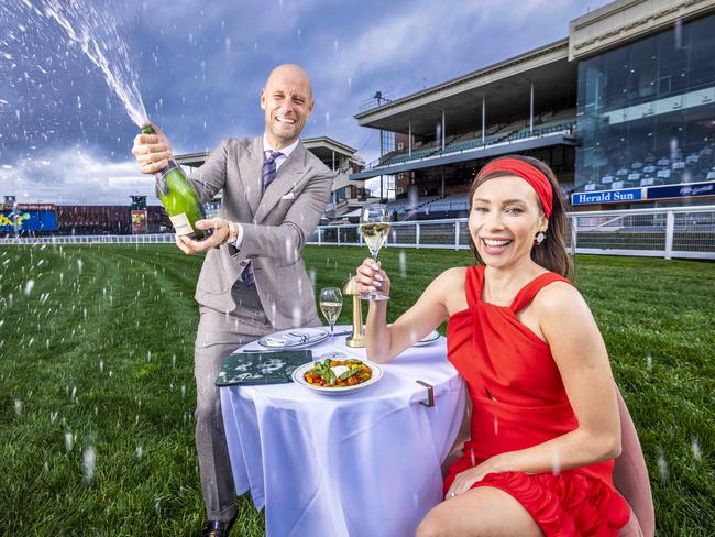 Bar Bambi co-founder Nick Russian and wife and influencer Rozalia Russian at Caulfield Racecourse. Picture: Wayne Taylor