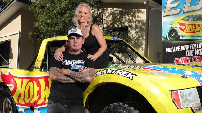 Gold Coast Stunt rider Matt Mingay who was nearly killed in Super Trucks crash has had a documentary about his comeback and near death done. Matt Mingay and his wife Sheena Mingay at their Mt Nathan home this week. Picture: Glenn Hampson