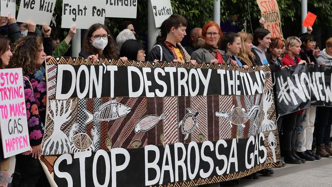 Protesters outside a Federal Court hearing in 2022 over the Santos Barossa gas project. Picture: Getty Images