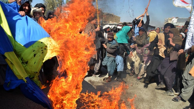 A Swedish flag was burnt in Afghanistan in response to the protest in Stockholm. Picture: AFP/The Times