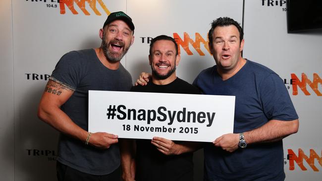 #SnapSydney 2015 . The Triple M Grill Team's Mark Geyer, Matty Johns and Gus Worland with the SnapSydney Sign at Triple M studio, Sydney.