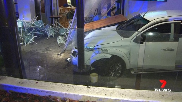 A man has been rushed to hospital after a driver crashed into the beer garden of the Port Noarlunga Hotel. Picture: 7NEWS