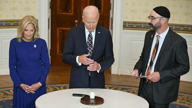 Mr Biden, his wife Jill and Rabbi Aaron Alexander at the White House. Picture: Andrew Caballero-Reynolds/AFP