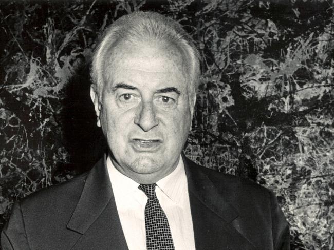 TAUS 60th Anniversary. Former Prime Minister Gough Whitlam photographed in front of Jackson Pollock's 'Blue Poles', which was acquired by the National Gallery of Australia at the cost of $1.3 million in 1973.