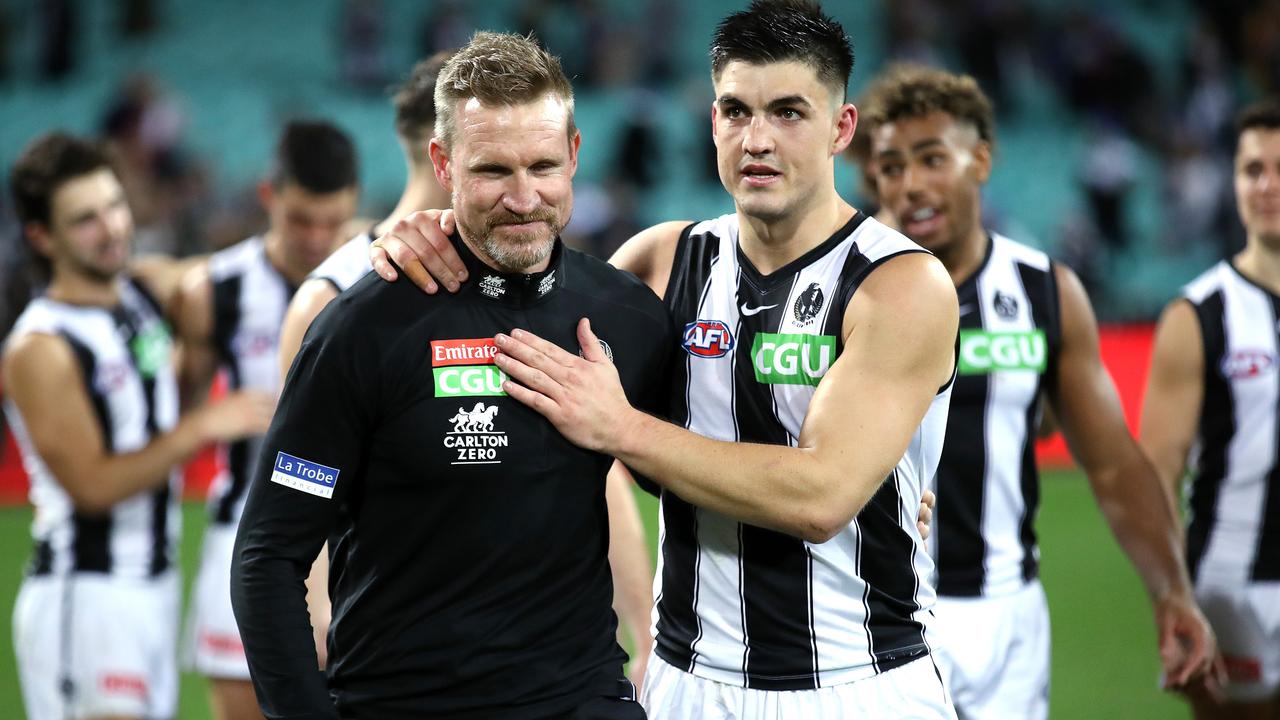 Collingwood coach Nathan Buckley with Brayden Maynard during the AFL match between the Melbourne Demons and Collingwood Magpies at the SCG on 14 June, 2021. The game shifted from the MCG to Sydney due Covid-19 restrictions in Victoria and is the annual Big Freeze match raising awareness to Fight MND. Former Melbourne coach Neale Daniher is battling the disease and the Big Freeze match is now in itÕs 7th year. Photo by Phil Hillyard (**NO ON SALES** ©Phil Hillyard)