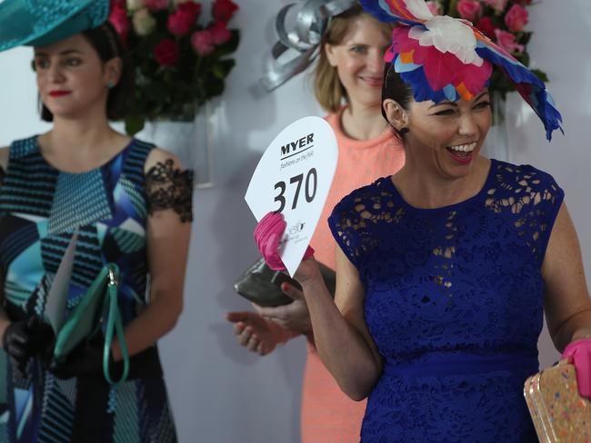 Fashions on the field entrants at Melbourne Cup Day at Flemington Racecourse, Tuesday, Nov 3, 2015. Picture: AAP Image/David Crosling