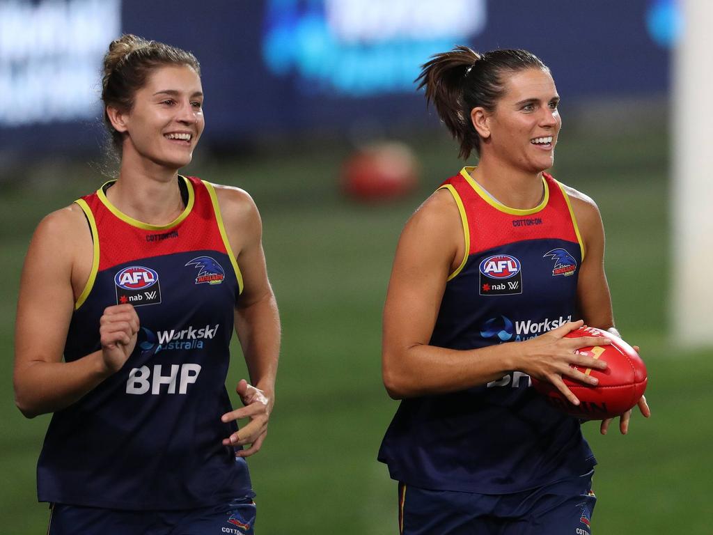 Jasmyn Hewett with Chelsea Randall at training during season six of the AFLW. Picture: Adelaide Crows.