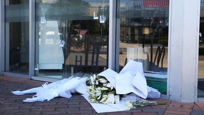 Flowers out the front of Fitness First, Rockdale where Mick Hawi was shot and died.