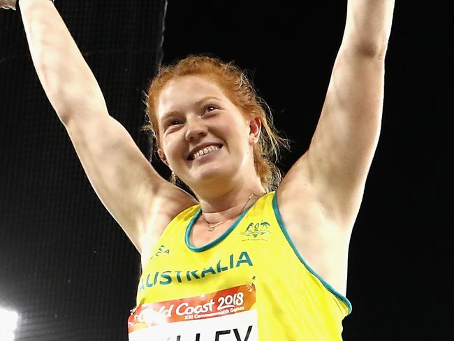 GOLD COAST, AUSTRALIA - APRIL 10:  Alexandra Hulley of Australia celebrates as she competes in the Women's Hammer final during the Athletics on day six of the Gold Coast 2018 Commonwealth Games at Carrara Stadium on April 10, 2018 on the Gold Coast, Australia.  (Photo by Ryan Pierse/Getty Images)