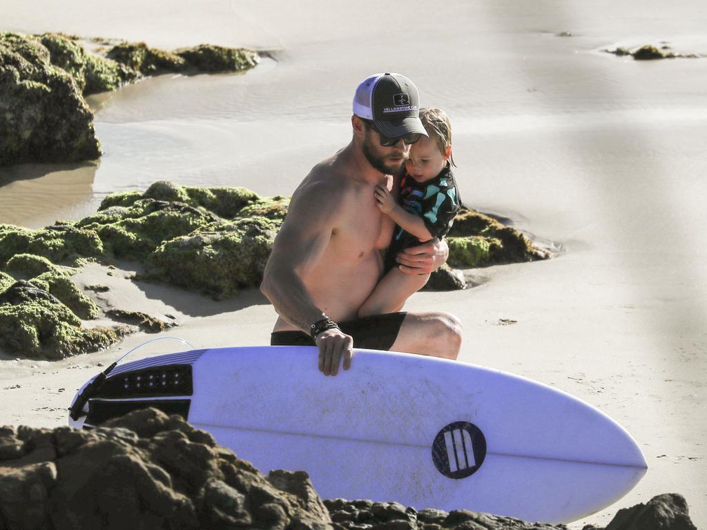 Chris Hemsworth and wife, Elsa Pataky, enjoy an afternoon at the beach in Byron Bay with their twin sons, Tristan and Sasha. <br/>3 March 2017. Picture: Media-Mode