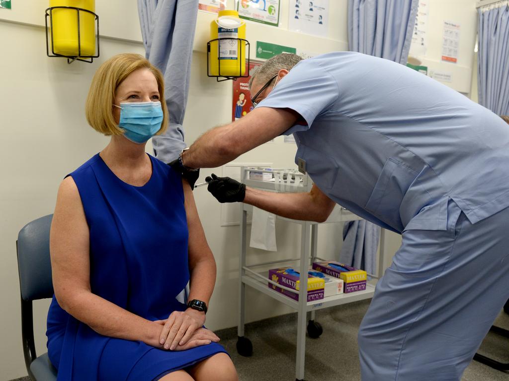 Former prime minister Julia Gillard receives her AstraZeneca vaccine on Sunday. Picture: Andrew Henshaw