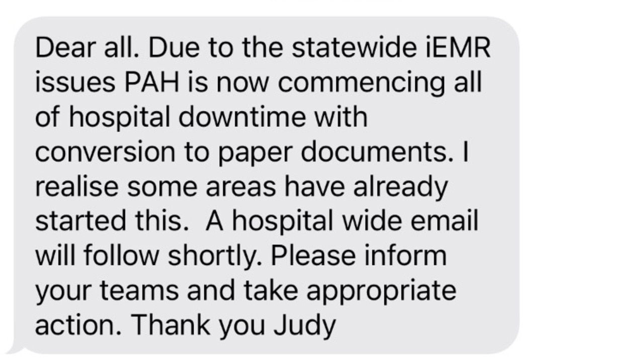 A text message sent to staff of Princess Alexandra Hospital from administrators. Picture: Supplied