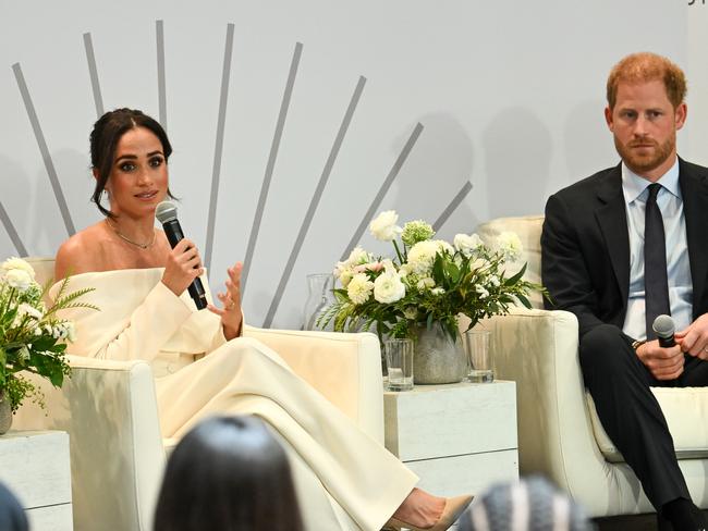 Meghan, Duchess of Sussex and Prince Harry, Duke Duchess of Sussex, speak onstage at The Archewell Foundation panel. Picture: Getty