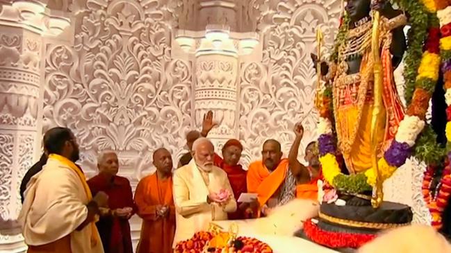 India's Prime Minister Narendra Modi takes part in the ceremony to officially consecrate the temple in Ayodhya. Picture: AFP