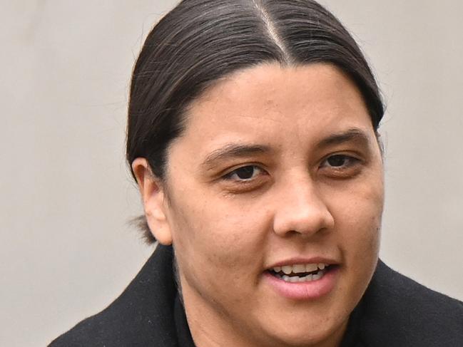 KINGSTON UPON THAMES, ENGLAND - FEBRUARY 3: Australian footballer Sam Kerr arrives outside the Crown Court ahead of her trial for a racial harassment case on February 3, 2025 in Kingston upon Thames, England. The Matildas star, who also plays professionally for Chelsea in the Women's Super League, is facing charges of "racially aggravated harassment" of a police officer related to an incident in Twickenham on January 30, 2023.  (Photo by Leon Neal/Getty Images)