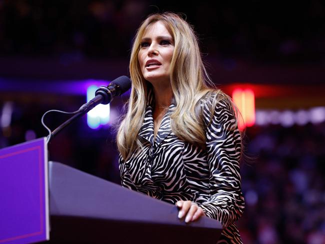 NEW YORK, NEW YORK - OCTOBER 27: Melania Trump speaks during a campaign rally for Republican presidential nominee, former U.S. President Donald Trump at Madison Square Garden on October 27, 2024 in New York City. Trump closed out his weekend of campaigning in New York City with a guest list of speakers that includes his running mate Republican Vice Presidential nominee, U.S. Sen. J.D. Vance (R-OH), Tesla CEO Elon Musk, UFC CEO Dana White, and House Speaker Mike Johnson, among others, nine days before Election Day.   Anna Moneymaker/Getty Images/AFP (Photo by Anna Moneymaker / GETTY IMAGES NORTH AMERICA / Getty Images via AFP)