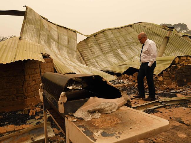 Scott Morrison visits a wildflower farm in an area devastated by bushfires in Sarsfield, Victoria, on January 3, 2020. Picture: AFP