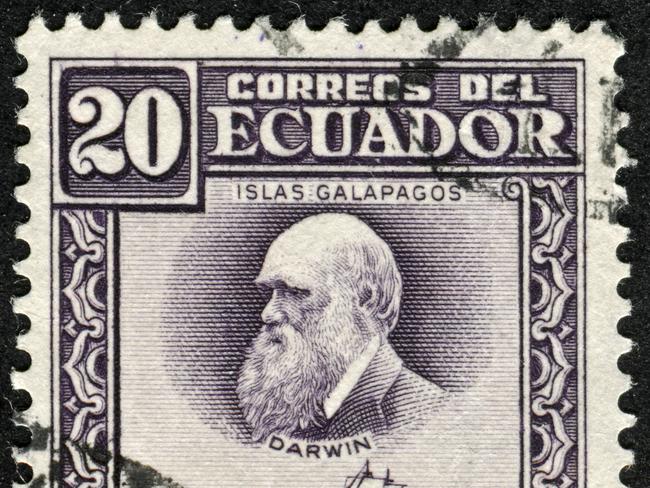 An Ecuadorian stamp featuring Charles Darwin, The Beagle (His Ship), And The Galapagos Islands.