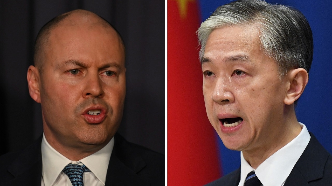Treasurer Josh Frydenberg called China’s weaponisation of trade laws a “major challenge”. Also pictured is Chinese Foreign Ministry spokesman Wang Wenbin. Pictures: Martin Ollman and Greg Baker/AF