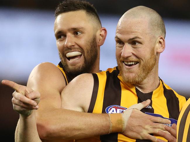 AFL Round 22. 18/08/2019. Hawthorn v Gold Coast at Marvel .  Hawthorns Jarryd Roughead  celebrates a goal in the 4th qtr wit handballs Jack Gunston     . Pic: Michael Klein