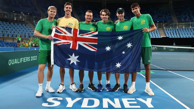 Australia’s Davis Cup team, from left, Luke Saville, Thanasi Kokkinakis, captain Lleyton Hewitt, Alex de Minaur, John Peers and Alexei Popyrin, qualified for the finals. Picture: Getty Images