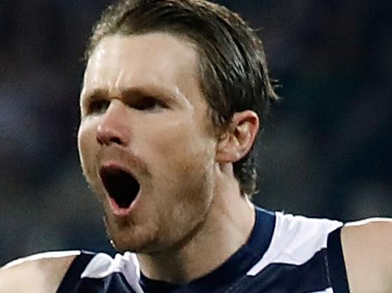 GEELONG, AUSTRALIA - MAY 19: Patrick Dangerfield of the Cats celebrates a goal during the 2017 AFL round 09 match between the Geelong Cats and the Western Bulldogs at Simonds Stadium on May 19, 2017 in Geelong, Australia. (Photo by Adam Trafford/AFL Media/Getty Images)