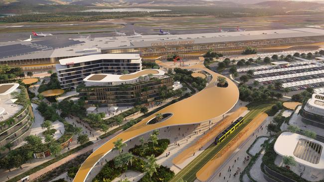 Artist impression of the Gold Coast Airport masterplan, which features new hotels, a light rail connection and retail precinct. Picture: Supplied