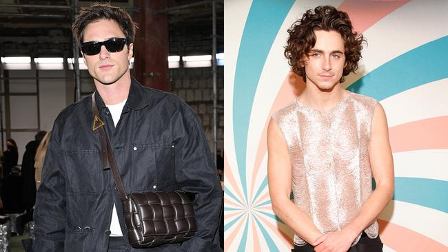 Jacob Elordi wears a Bottega Veneta cross body bag; Timothee Chalamet at the Wonka premiere in Paris. Pictures: Getty Images