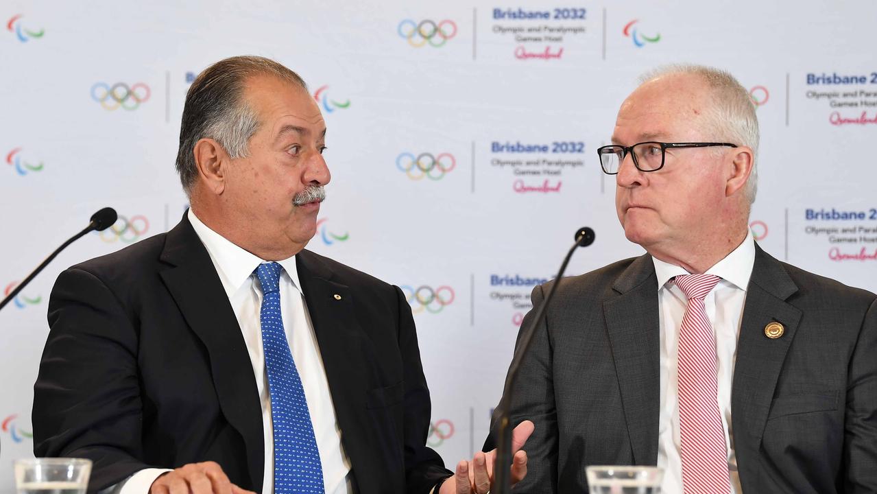 Andrew Liveris and Mayor Mark Jamieson at the Brisbane 2032 Board Press Conference. Picture: Patrick Woods.