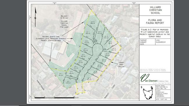 Plans for a 19-lot residential subdivision at Hilliard Christian School, West Moonah. Picture: Van Diemen Consulting