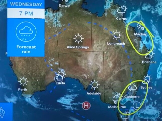 Storms are possible from Sydney to Melbourne including Canberra, and around the central Queensland coast. Picture: BOM.