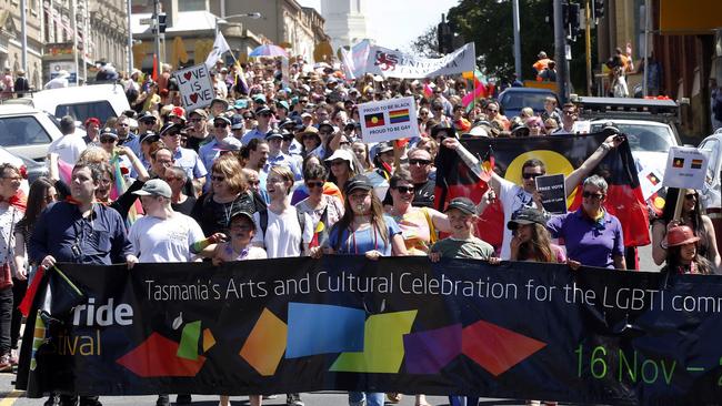 The Pride Parade from North Hobart to Parliament Lawns in Hobart. Picture: KIM EISZELE