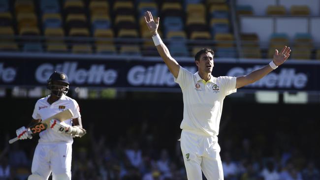 Australia's Mitchell Starc, right, appeals for the wicket of Sri Lanka's Suranga Lakmal, left, during the cricket test match between Australia and Sri Lanka in Brisbane, Australia, Saturday, Jan. 26, 2019. (AP Photo/Tertius Pickard)