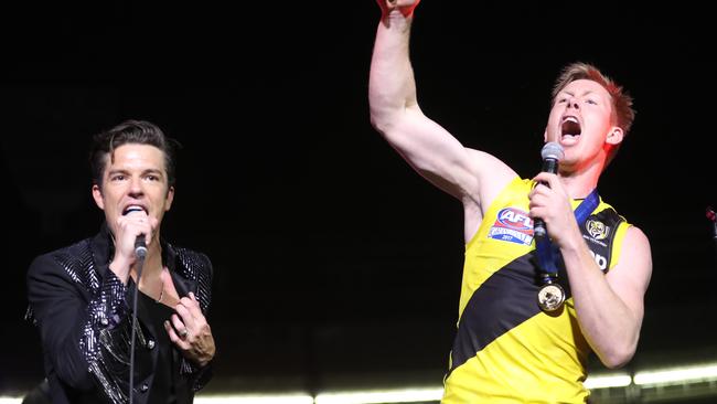 The Killers‘ lead singer Brandon Flowers with Jack Riewoldt. Picture: Alex Coppel.