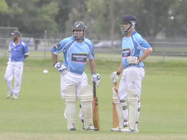 Coutts’ Noel O’Connell and Nick Woods take a breather during their Clarence River Crickt Association Cleaver’s Mechanical Night Cricket preliminary final loss against Tucabia-Copmanhurst Clarence Valley Pest Control at McKittrick Park on Wednesday, March 4, 2020. Photos: Mitchell Keenan