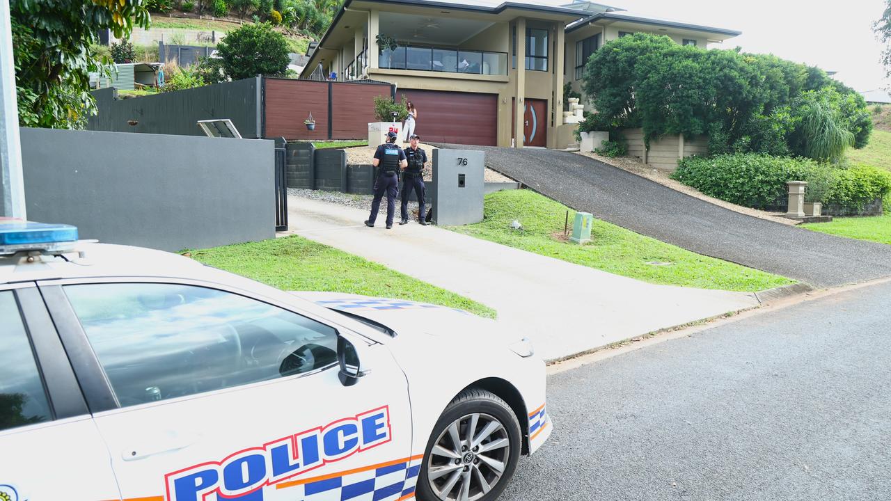 Police officers watch over a crime scene at Mount Sheridan Cairns following the sudden deaths of a man and a woman on May 27. Picture: Peter Carruthers