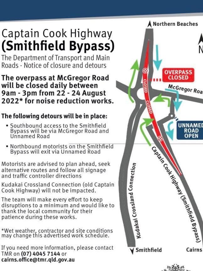 Department of Transport and Main Roads announcement for planned works on the Smithfield Bypass. Picture: Supplied.