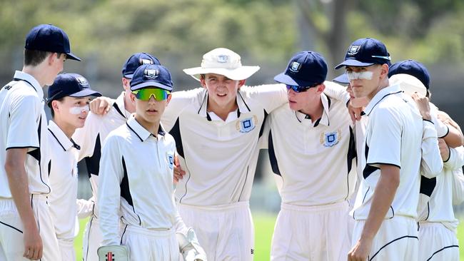 Brisbane Grammar School get ready to start the game. GPS First XI cricket between Churchie and Brisbane Grammar School. Saturday January 27, 2024. Picture, John Gass