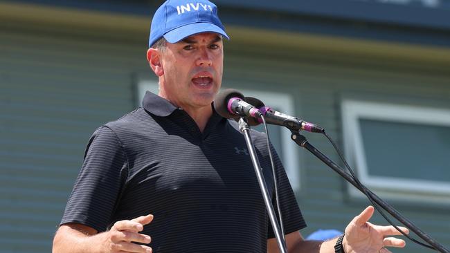 MELBOURNE, AUSTRALIA - JANUARY 5 2025Brad Battin speaks at a rally at Inverloch Surf Life Saving Club where sand is rapidly eroding from the beach (they've apparently lost about 70m of beach already). The state government was supposed to release a report late last year determining their plans for the beach, but held it (expected to drop in January now). the government is seriously considering letting the surf beach and the facility just be washed away instead of intervening. Picture: Brendan Beckett