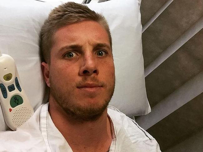 Aaron Gray pictured in hospital four days prior to being rushed to St Vincent's with Dylan Walker. Picture: Instagram