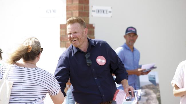 Labor candidate Alex Dighton on election day at Woodend Primary School. Picture: Brett Hartwig