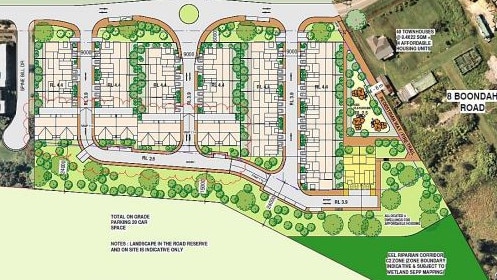 A map, released in November 2022, showing a proposed residential subdivision on Boondah Rd, Warriewood, which could include 40 three-storey townhouses. An application to rezone the land to allow the development has been rejected by planning officials. Picture: Buchan Group