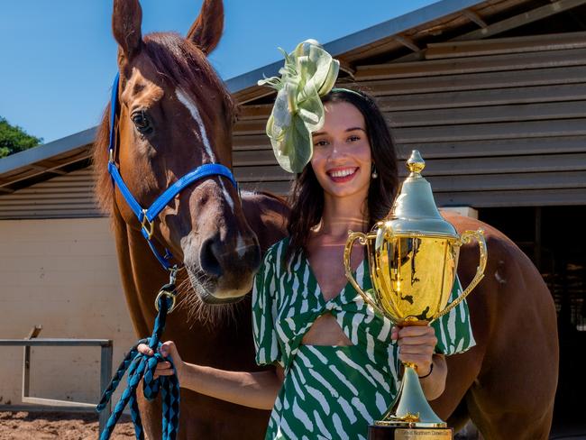 Darwin resident and model Tannwyn Lewis with the Tommy Logan trained Fromthenevernever has been named the 2023 Darwin Cup Carnival ambassador. Picture: Caroline Camilleri